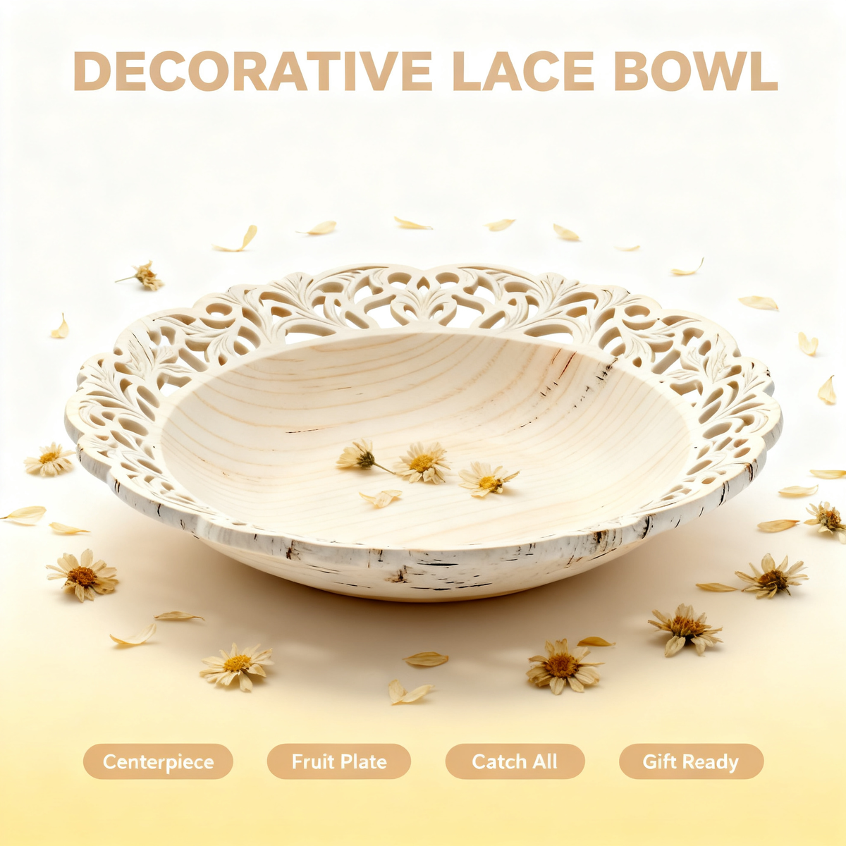 🕊 Natural Wood Hollow-Carved Oval Fruit Tray | Hand Openwork Lace Rim Off-White Wooden Shallow Tray Living Room Coffee Table Decor Storage Tray