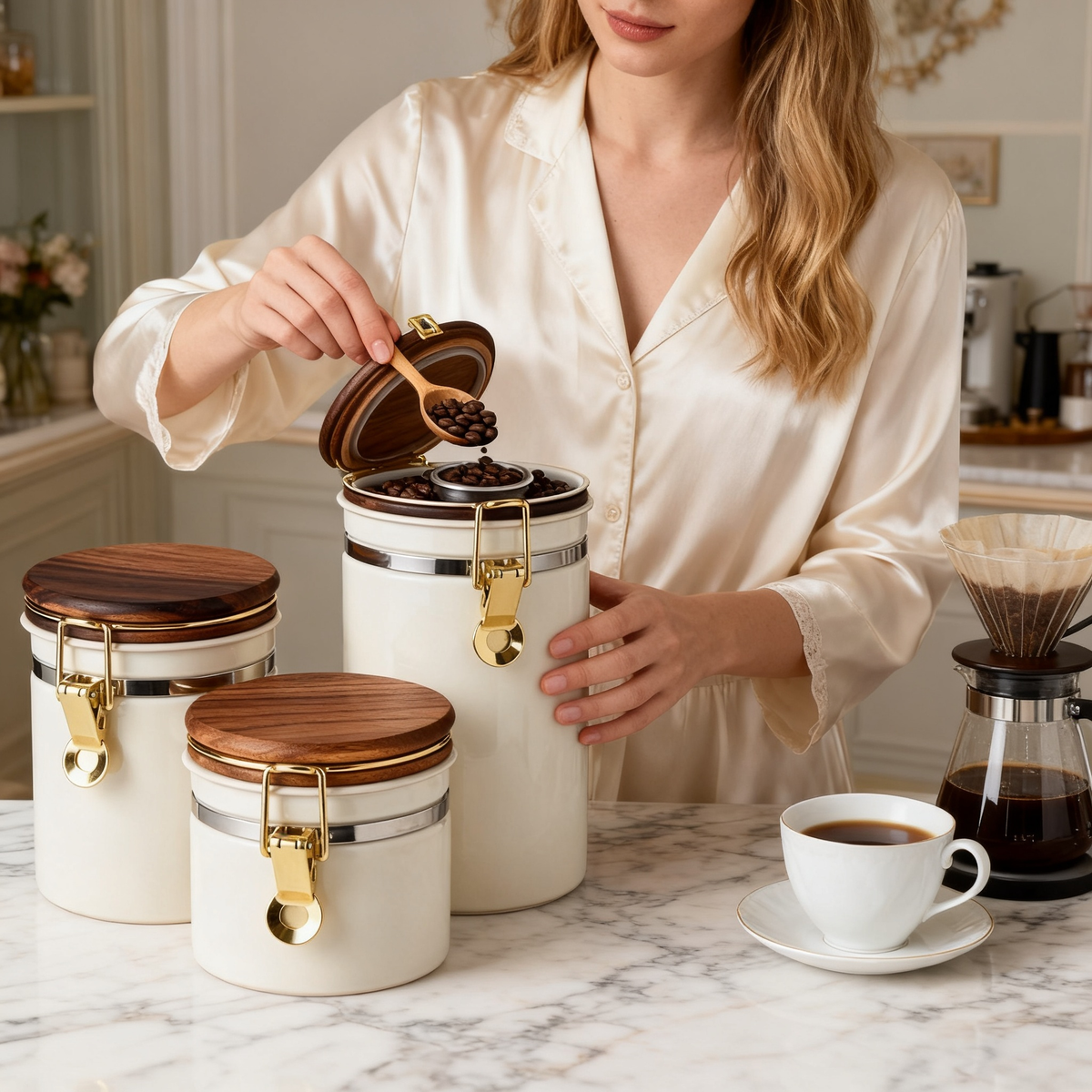 🌿 Ceramic Storage Canister Set with Natural Wood Lid
