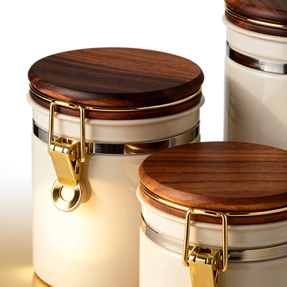🌿 Ceramic Storage Canister Set with Natural Wood Lid