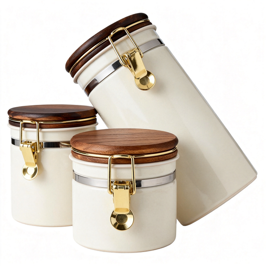 🌿 Ceramic Storage Canister Set with Natural Wood Lid