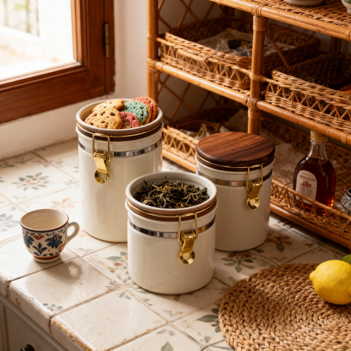 🌿 Ceramic Storage Canister Set with Natural Wood Lid