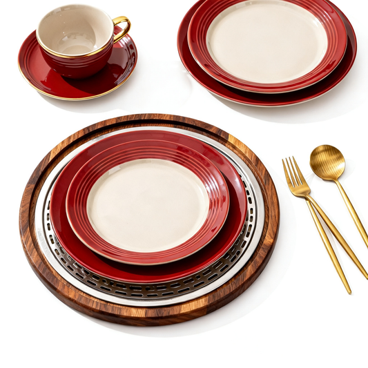 🍒 Red & White Ceramic Dinnerware Set