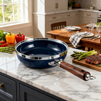 🫐 Deep Blue Non-Stick Frying Pan with Wooden Handle