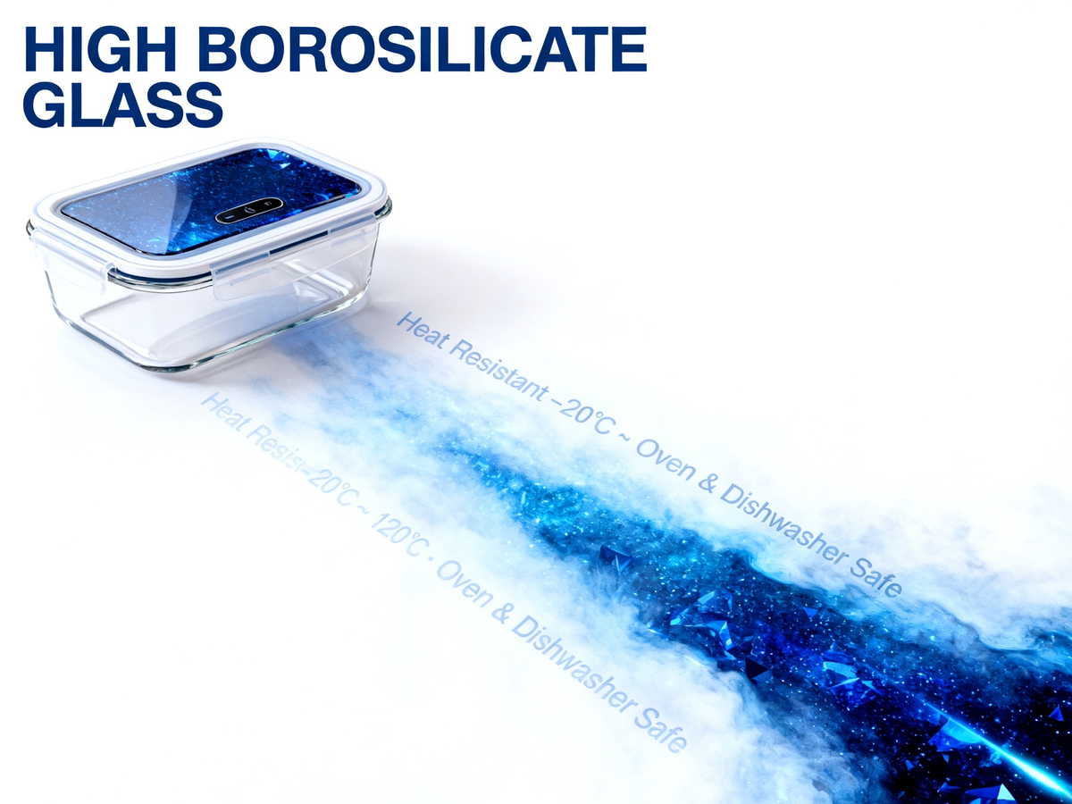 🍂 Blue Crystal Lock-Fresh Borosilicate Glass Food Storage Container | 4-Side Clip Seal Microwave & Oven Safe Fridge Organization Without Odor Transfer