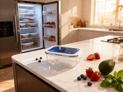 🍂 Blue Crystal Lock-Fresh Borosilicate Glass Food Storage Container | 4-Side Clip Seal Microwave & Oven Safe Fridge Organization Without Odor Transfer
