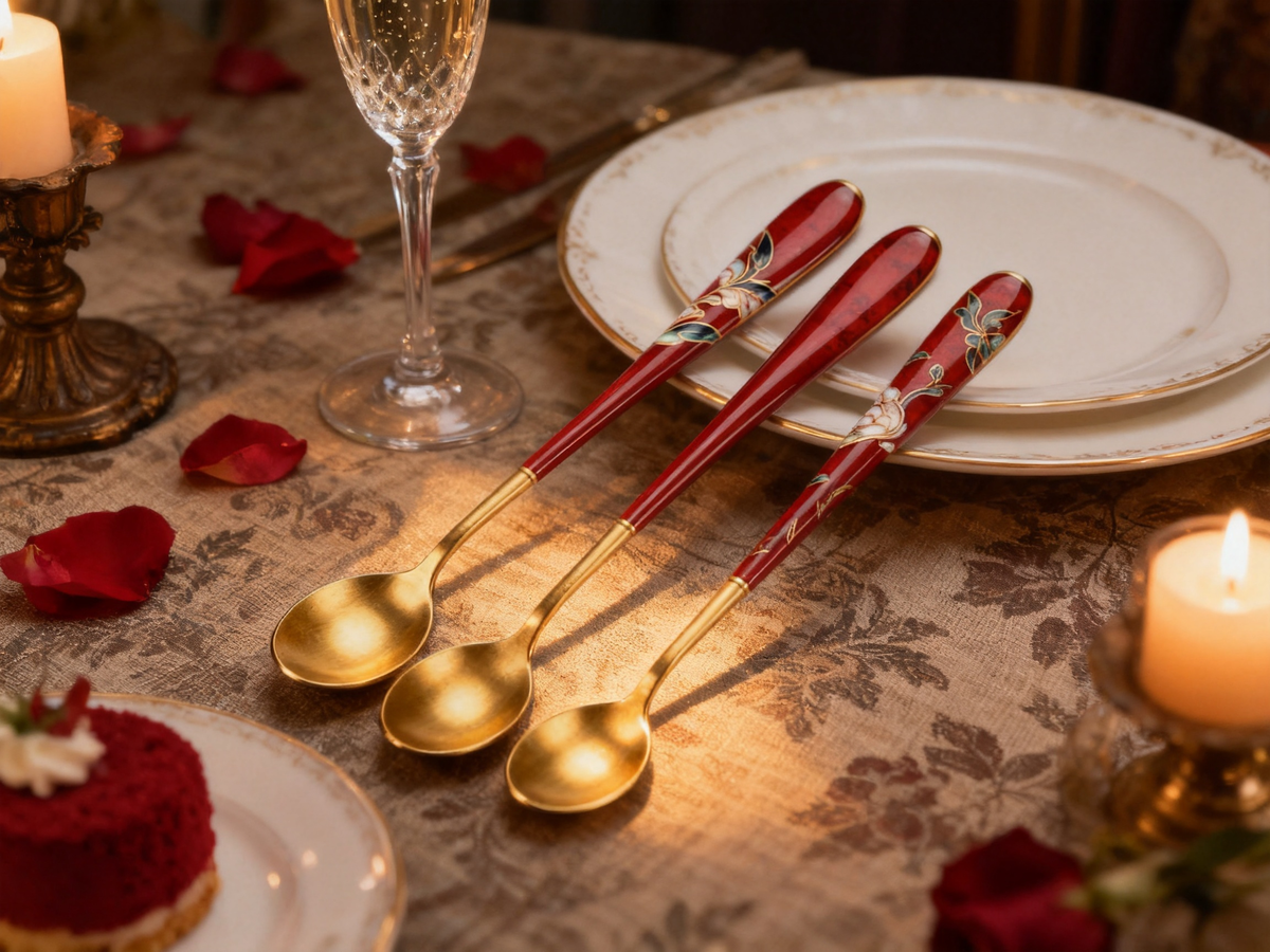 🥄Red Enamel Gold Floral Spoon Set of 3 | Vintage Enamel Craft Gold-Tone Bowl Coffee Dessert Yogurt Table Spoons
