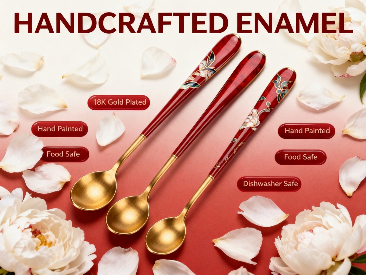 🥄Red Enamel Gold Floral Spoon Set of 3 | Vintage Enamel Craft Gold-Tone Bowl Coffee Dessert Yogurt Table Spoons