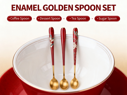 🥄Red Enamel Gold Floral Spoon Set of 3 | Vintage Enamel Craft Gold-Tone Bowl Coffee Dessert Yogurt Table Spoons