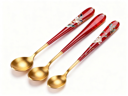 🥄Red Enamel Gold Floral Spoon Set of 3 | Vintage Enamel Craft Gold-Tone Bowl Coffee Dessert Yogurt Table Spoons