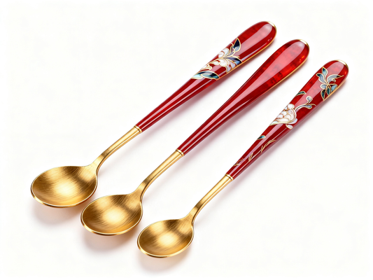 🥄Red Enamel Gold Floral Spoon Set of 3 | Vintage Enamel Craft Gold-Tone Bowl Coffee Dessert Yogurt Table Spoons