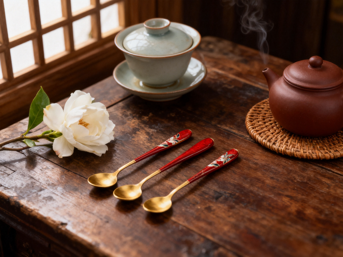🥄Red Enamel Gold Floral Spoon Set of 3 | Vintage Enamel Craft Gold-Tone Bowl Coffee Dessert Yogurt Table Spoons