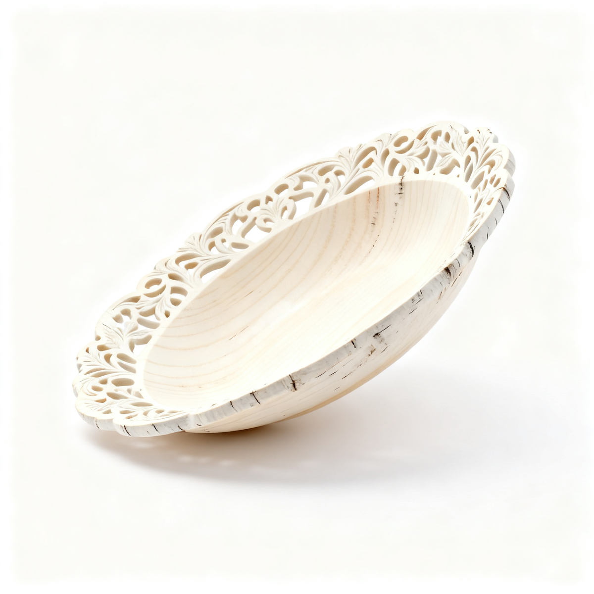 🕊 Natural Wood Hollow-Carved Oval Fruit Tray | Hand Openwork Lace Rim Off-White Wooden Shallow Tray Living Room Coffee Table Decor Storage Tray