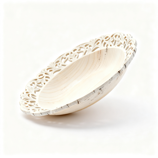 🕊 Natural Wood Hollow-Carved Oval Fruit Tray | Hand Openwork Lace Rim Off-White Wooden Shallow Tray Living Room Coffee Table Decor Storage Tray