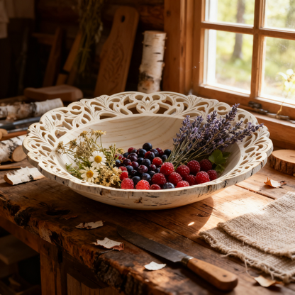 🕊 Natural Wood Hollow-Carved Oval Fruit Tray | Hand Openwork Lace Rim Off-White Wooden Shallow Tray Living Room Coffee Table Decor Storage Tray