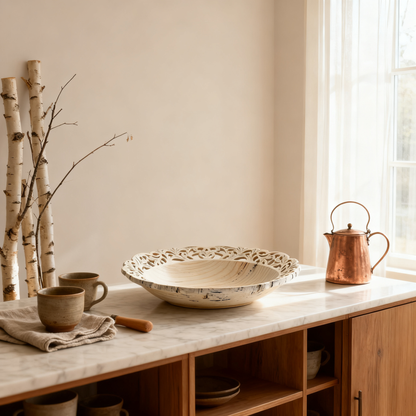🕊 Natural Wood Hollow-Carved Oval Fruit Tray | Hand Openwork Lace Rim Off-White Wooden Shallow Tray Living Room Coffee Table Decor Storage Tray