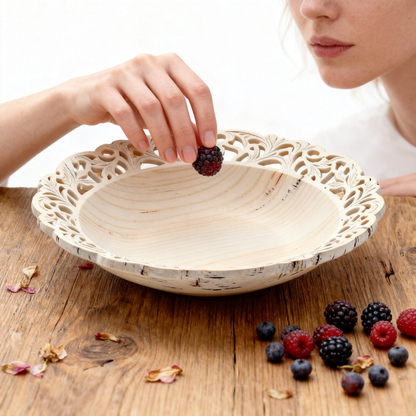 🕊 Natural Wood Hollow-Carved Oval Fruit Tray | Hand Openwork Lace Rim Off-White Wooden Shallow Tray Living Room Coffee Table Decor Storage Tray