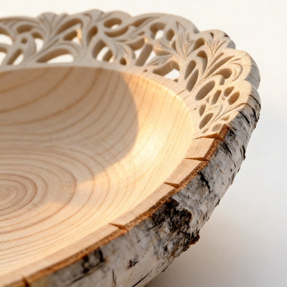 🕊 Natural Wood Hollow-Carved Oval Fruit Tray | Hand Openwork Lace Rim Off-White Wooden Shallow Tray Living Room Coffee Table Decor Storage Tray