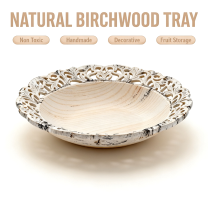 🕊 Natural Wood Hollow-Carved Oval Fruit Tray | Hand Openwork Lace Rim Off-White Wooden Shallow Tray Living Room Coffee Table Decor Storage Tray