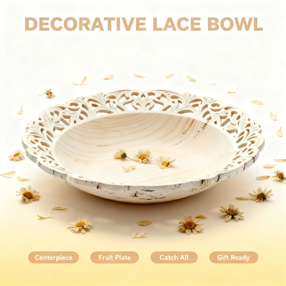 🕊 Natural Wood Hollow-Carved Oval Fruit Tray | Hand Openwork Lace Rim Off-White Wooden Shallow Tray Living Room Coffee Table Decor Storage Tray