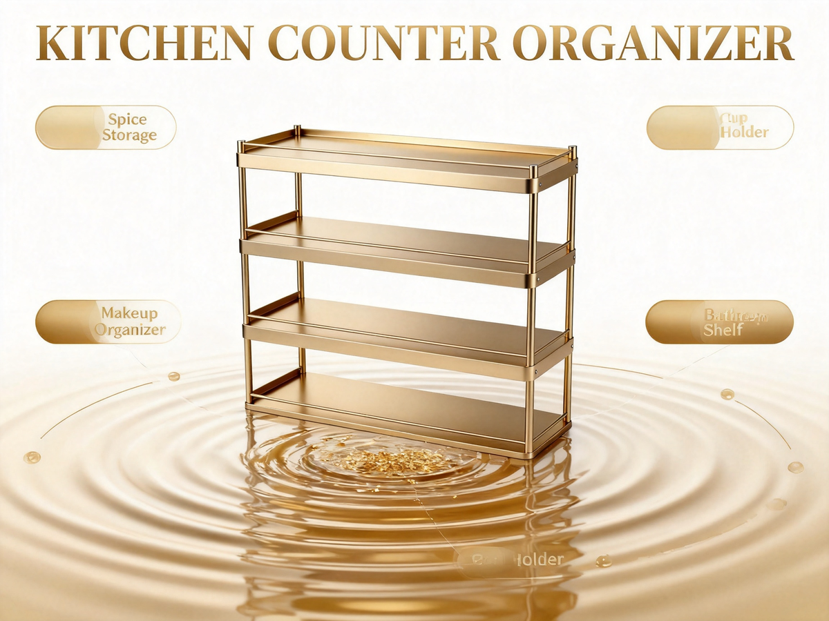 📀Luxury Champagne‑Gold 4‑Tier Storage Rack｜Brushed Metal Open Organizer Shelf Entryway Shoe Rack Kitchen Counter Multi‑Layer Display Stand