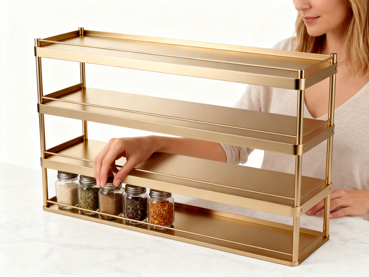 📀Luxury Champagne‑Gold 4‑Tier Storage Rack｜Brushed Metal Open Organizer Shelf Entryway Shoe Rack Kitchen Counter Multi‑Layer Display Stand
