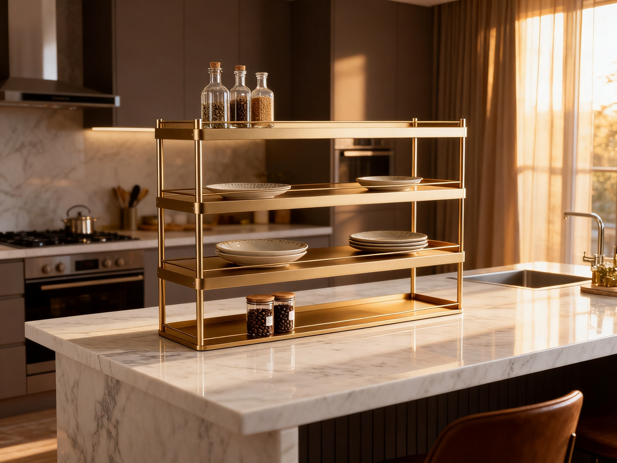 📀Luxury Champagne‑Gold 4‑Tier Storage Rack｜Brushed Metal Open Organizer Shelf Entryway Shoe Rack Kitchen Counter Multi‑Layer Display Stand