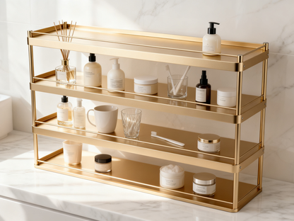 📀Luxury Champagne‑Gold 4‑Tier Storage Rack｜Brushed Metal Open Organizer Shelf Entryway Shoe Rack Kitchen Counter Multi‑Layer Display Stand