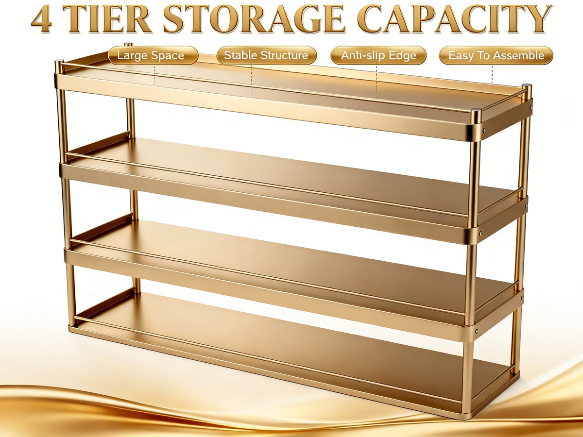 📀Luxury Champagne‑Gold 4‑Tier Storage Rack｜Brushed Metal Open Organizer Shelf Entryway Shoe Rack Kitchen Counter Multi‑Layer Display Stand
