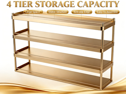 📀Luxury Champagne‑Gold 4‑Tier Storage Rack｜Brushed Metal Open Organizer Shelf Entryway Shoe Rack Kitchen Counter Multi‑Layer Display Stand