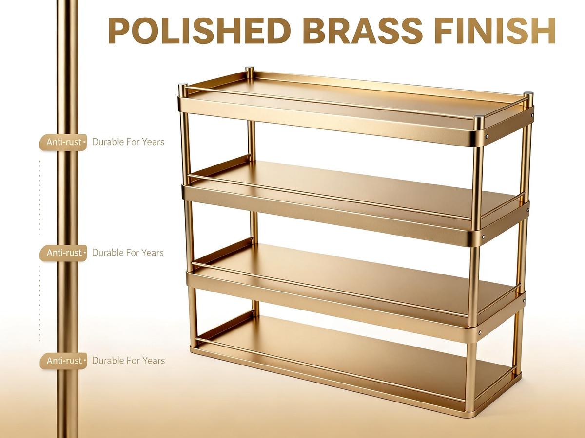 📀Luxury Champagne‑Gold 4‑Tier Storage Rack｜Brushed Metal Open Organizer Shelf Entryway Shoe Rack Kitchen Counter Multi‑Layer Display Stand